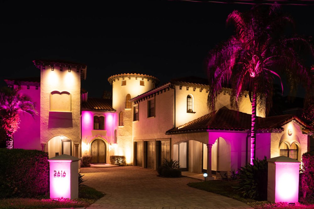 Pink Exterior Lighting on Home